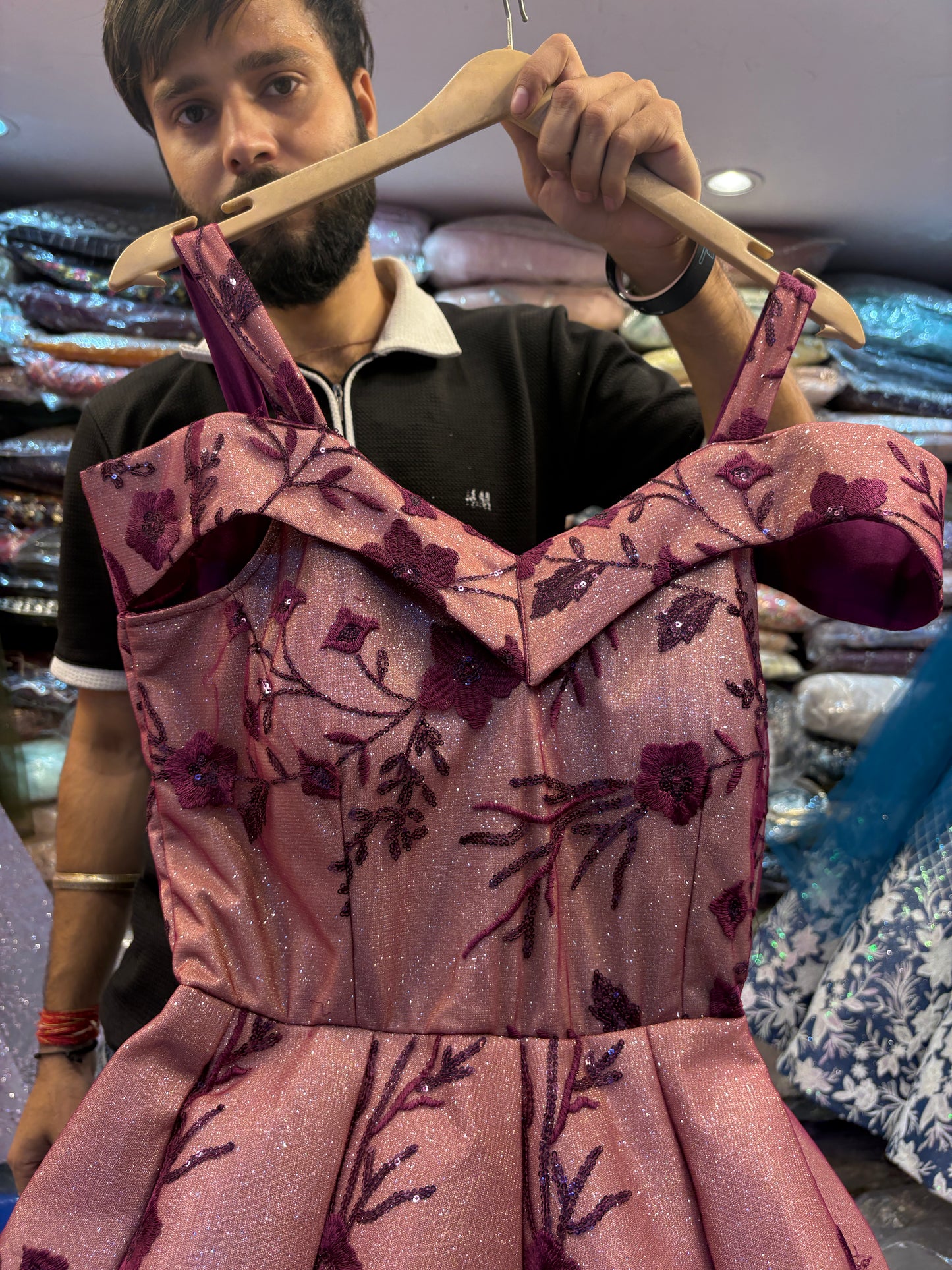 Embellished maroon peach ball gown