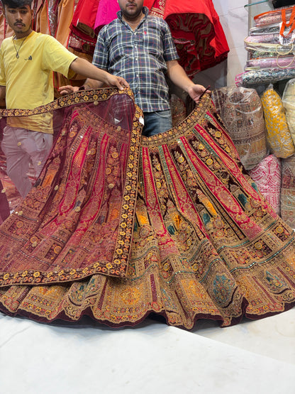 Lavishing maroon mustard bridal Lehenga