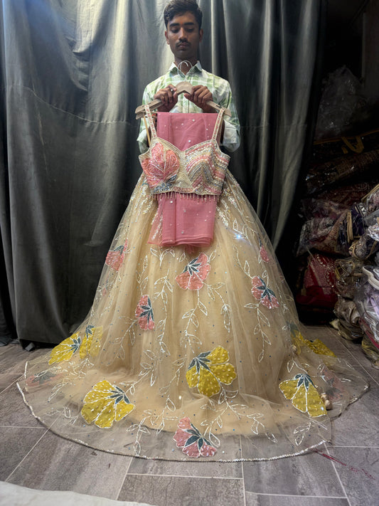 Beige golden PDP Crop Top Lehenga