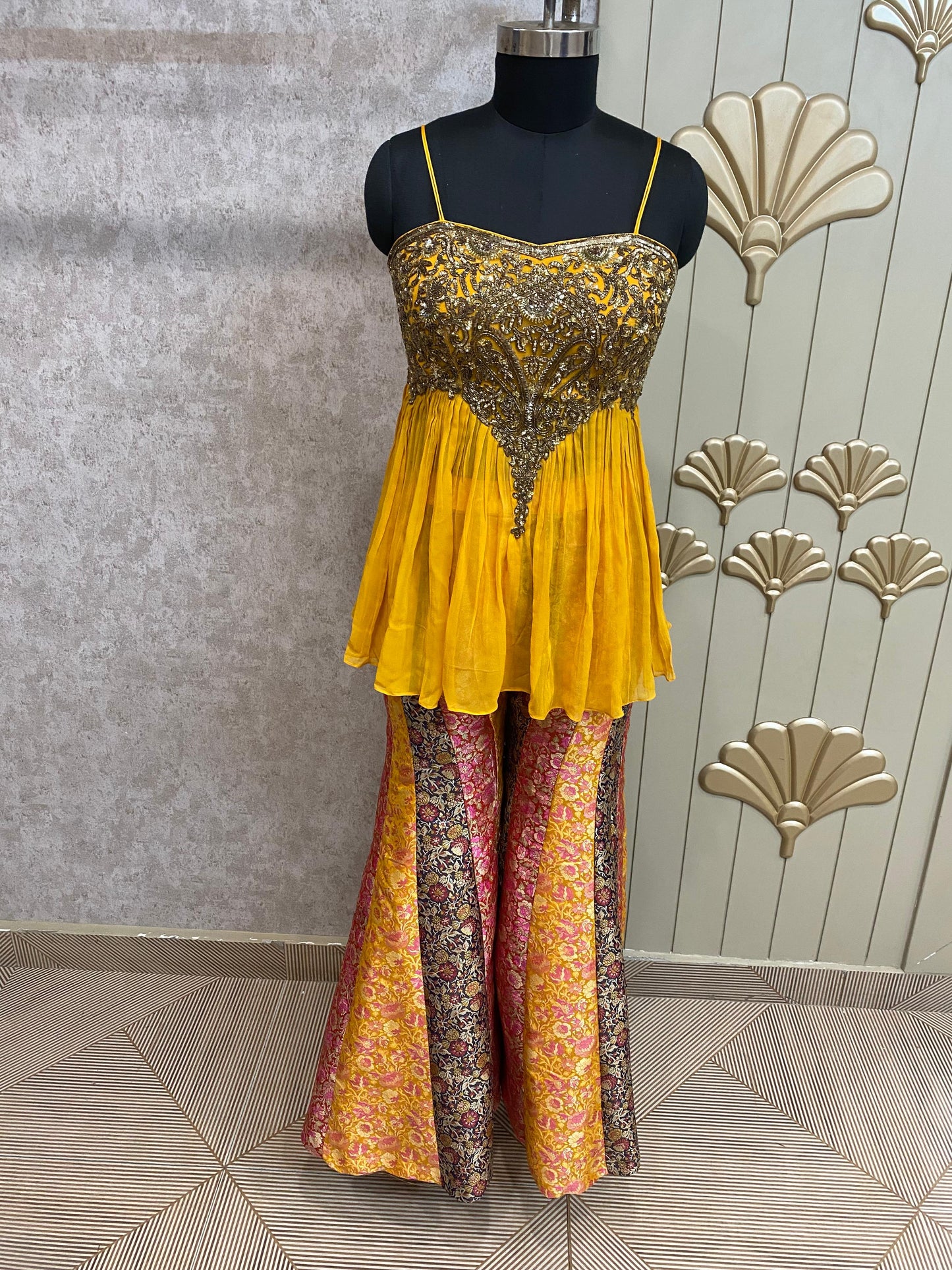 Yellow Long Sharara Suit Dress Material