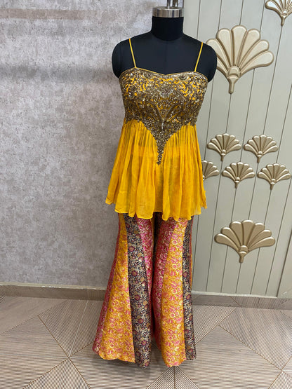 Yellow Long Sharara Suit Dress Material
