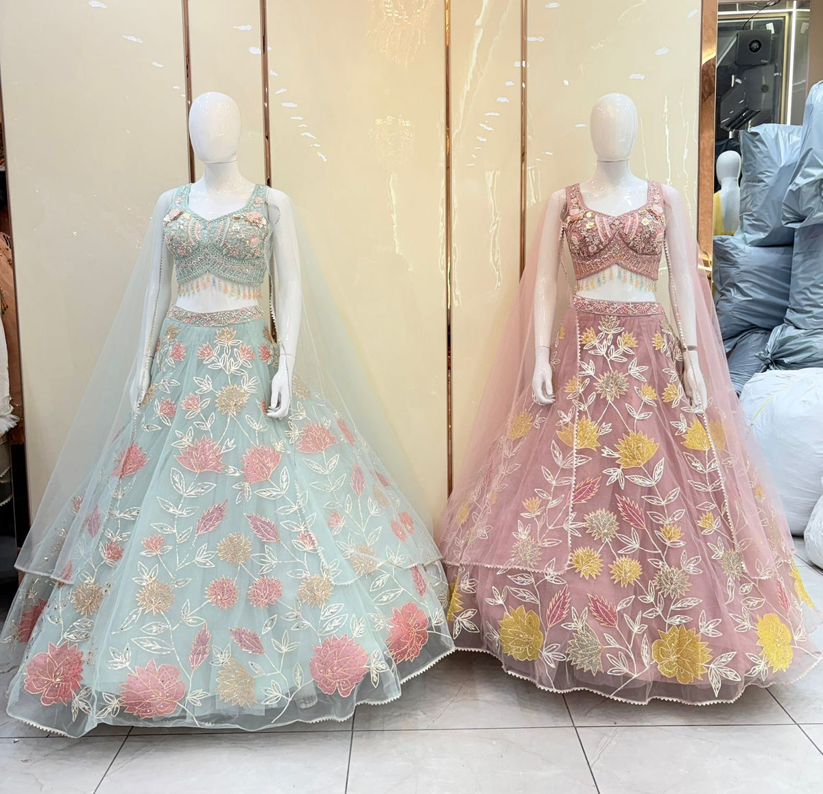 Pink green Crop top Lehenga