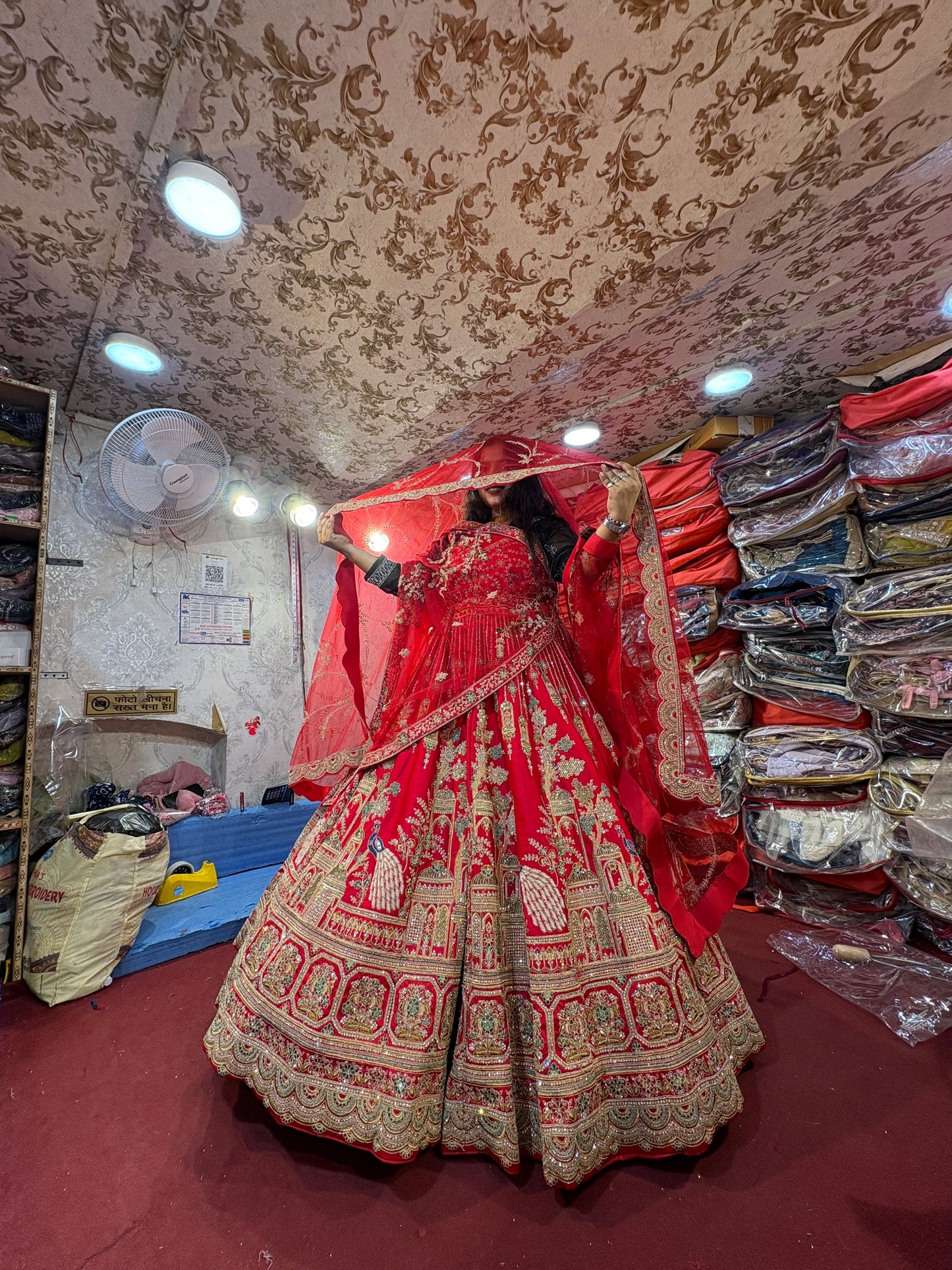 Pretty red handwork peacock bridal Lehenga