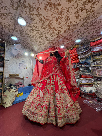 Pretty red handwork peacock bridal Lehenga