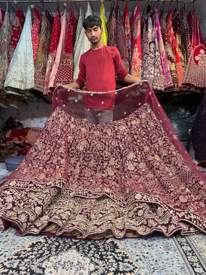 Lovely maroon bridal Lehenga handwork zardozi dabka