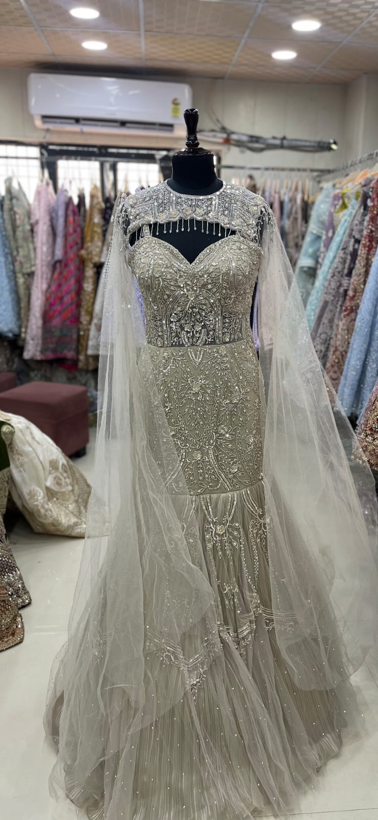 White fish cut gown Lehenga