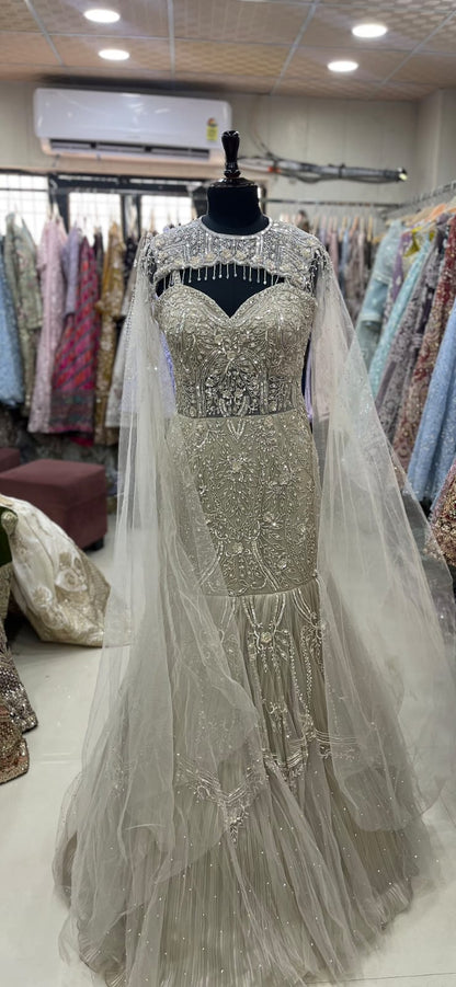 White fish cut gown Lehenga