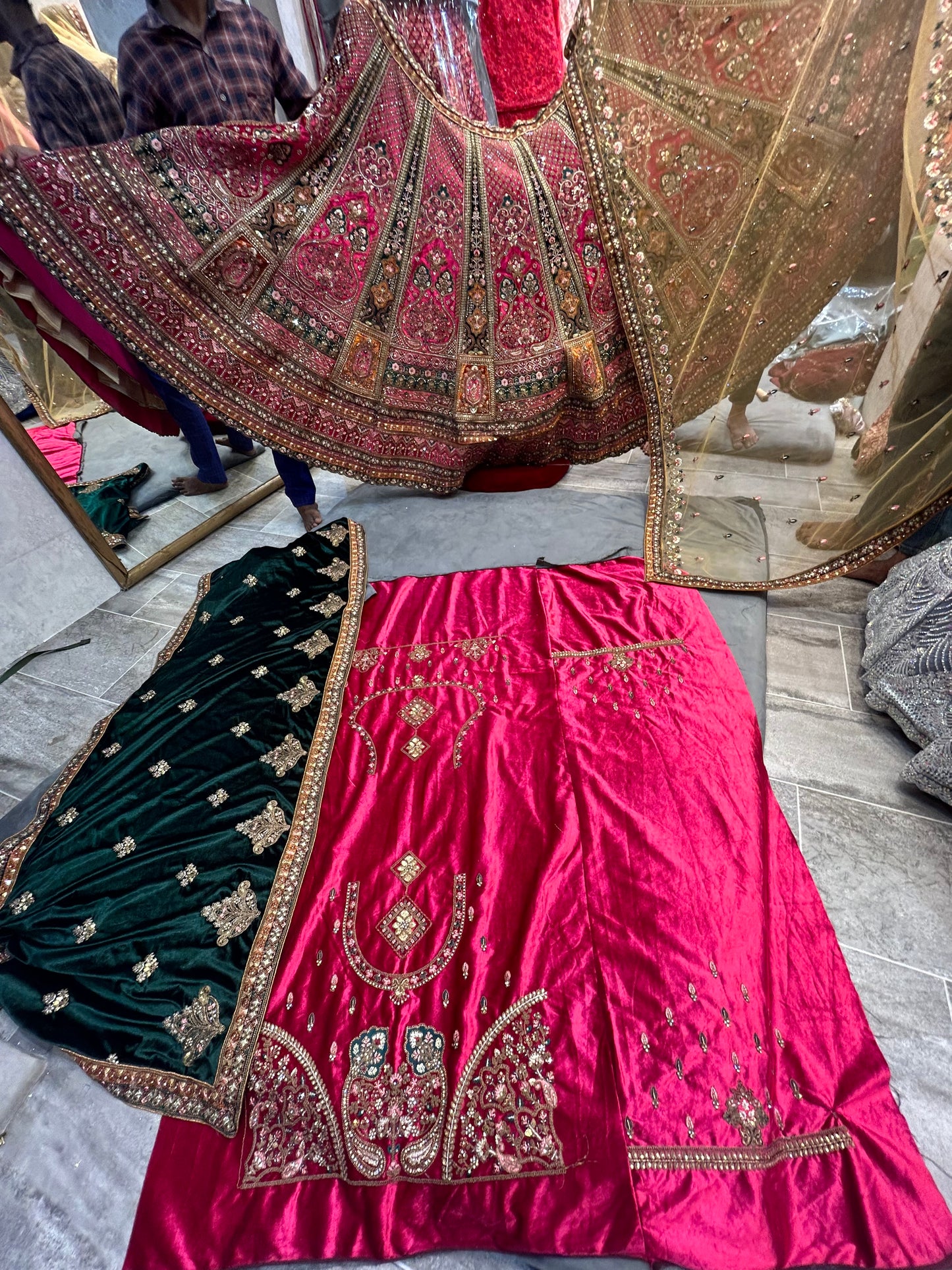 Astonishing pink golden double dupatta bridal Lehenga