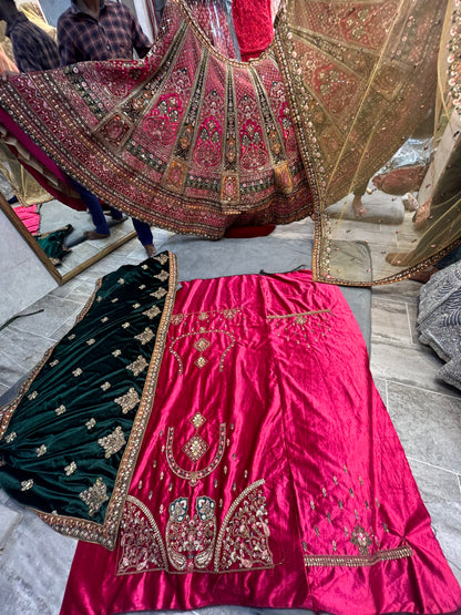 Astonishing pink golden double dupatta bridal Lehenga