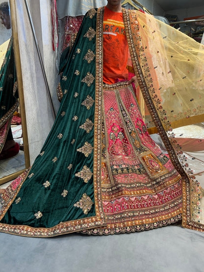 Astonishing pink golden double dupatta bridal Lehenga