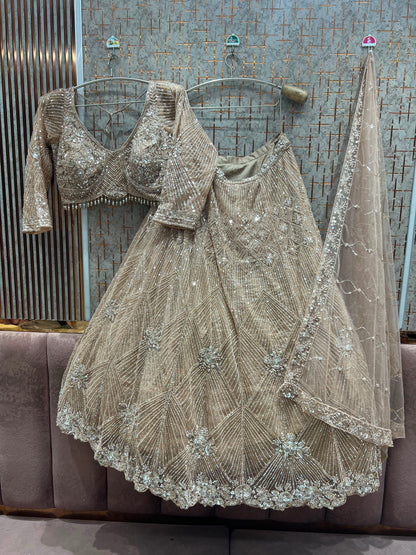 Beige Golden Crop Top Lehenga