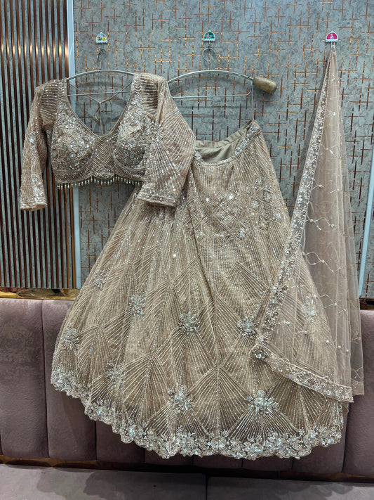 Beige Golden Crop Top Lehenga