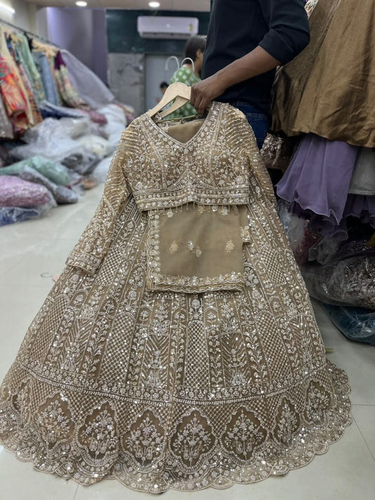 Beige Golden Crop Top Lehenga
