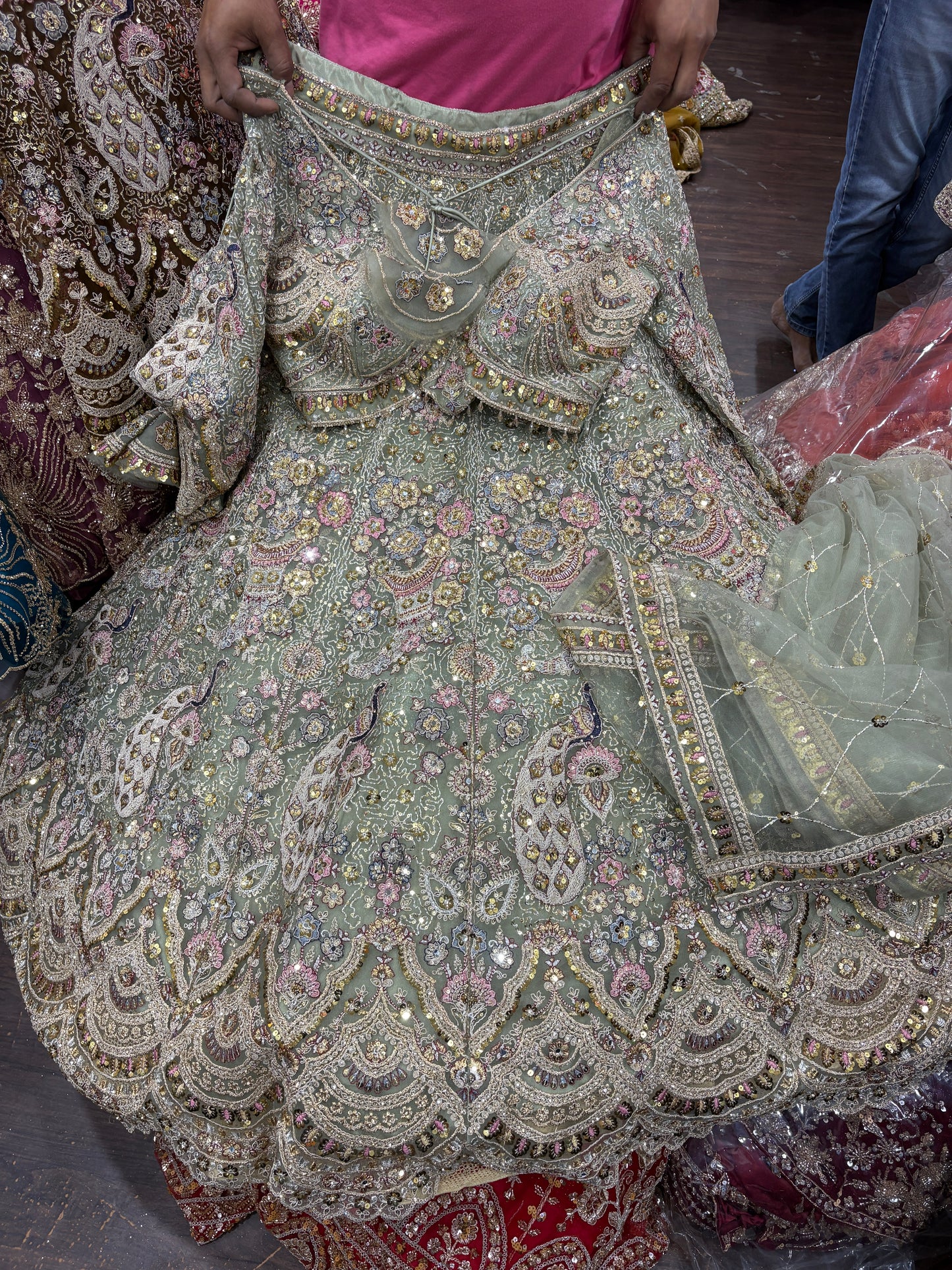 Engaging green peacock crop top Lehenga 16 kali