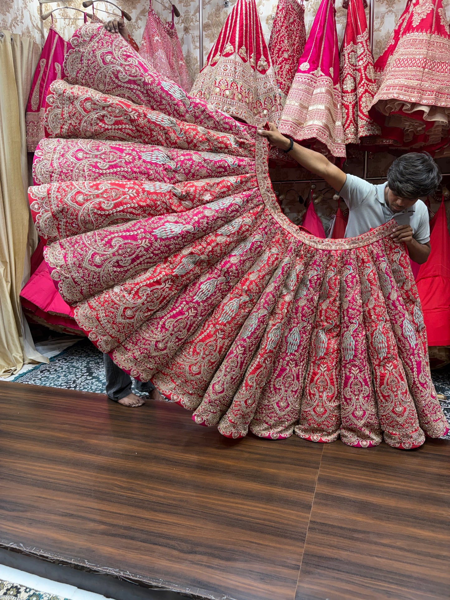 Rani pink red orange Peacock Multikali Ball Bridal Lehenga