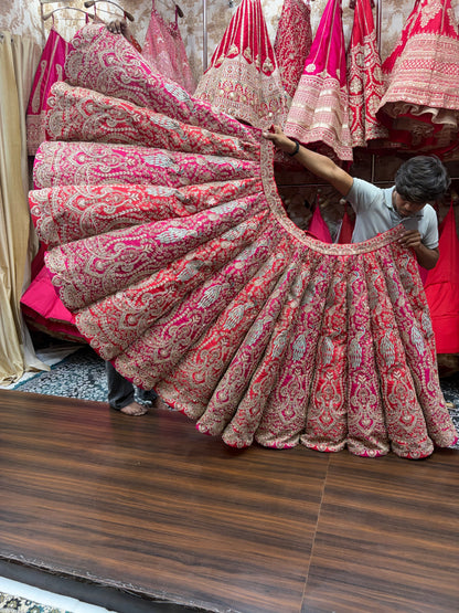 Rani pink red orange Peacock Multikali Ball Bridal Lehenga
