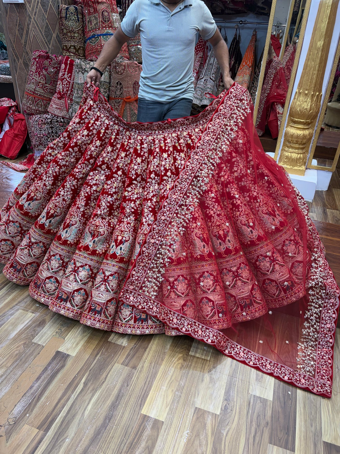 Cherry Red Peacock Ball Bridal Lehenga - Shopping World