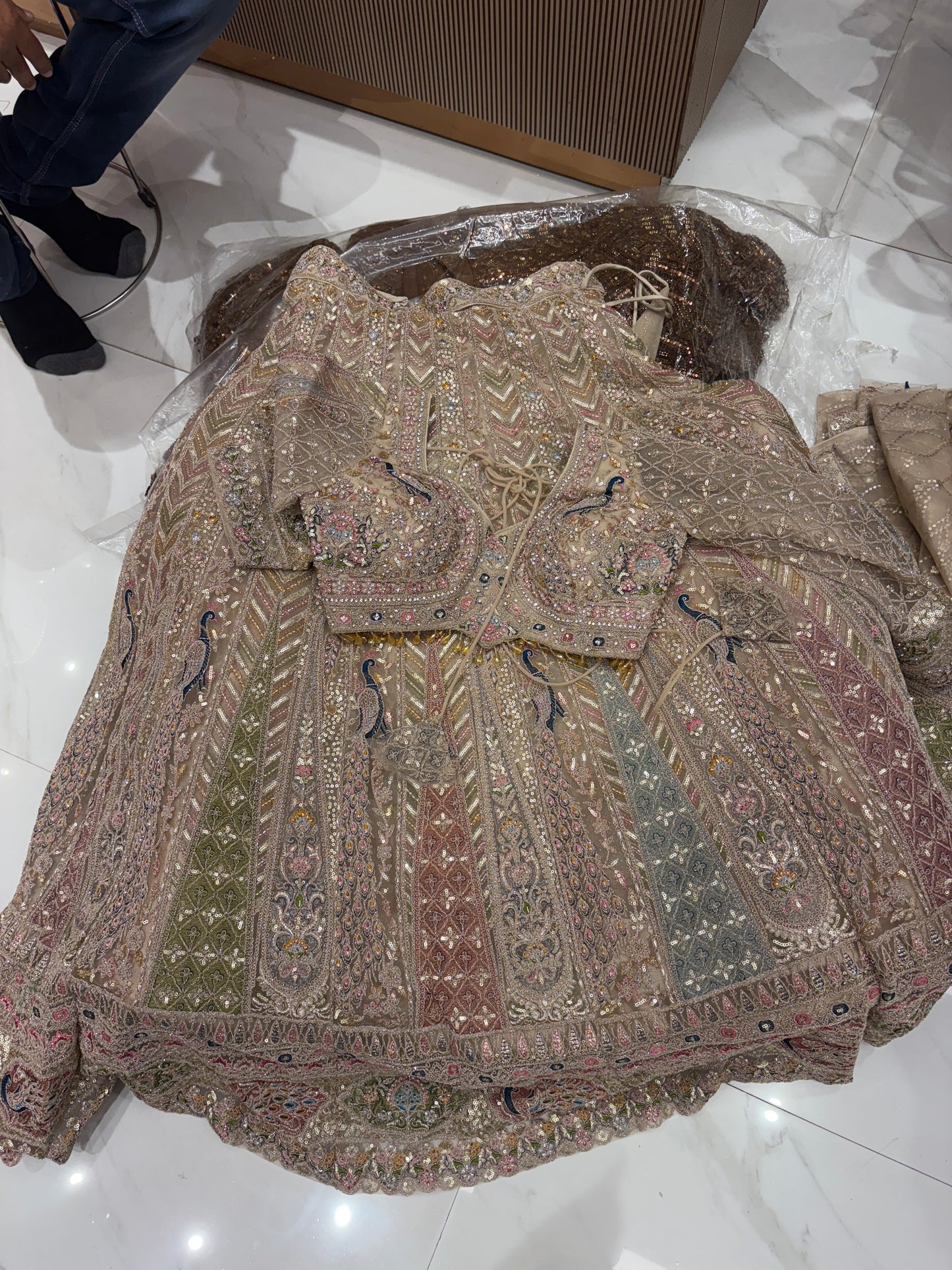 Glamorous Beige golden peacock Crop top Lehenga