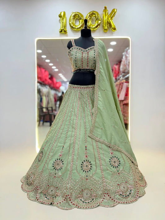 Pista Green Designer Crop Top Lehenga