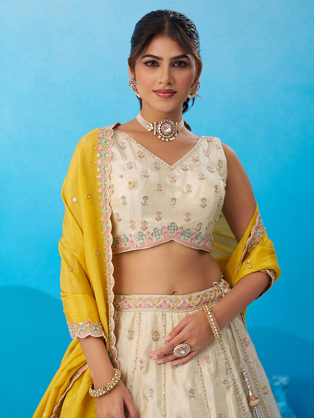 Cream Mustard- Tissue Sequins Embroidered Lehenga 6137
