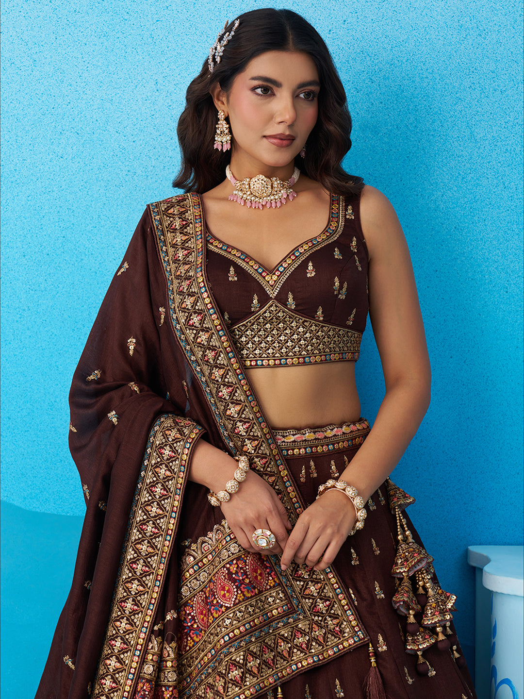 Brown- Chinnon Silk Sequinned Thread & Zari Embroidered Lehenga 6213