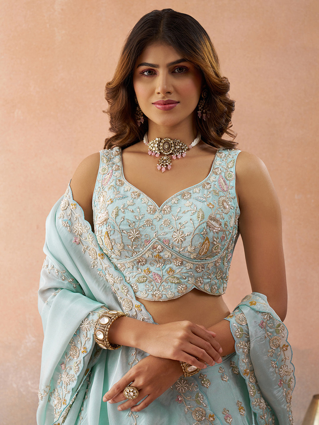 Sky Blue- Tissue Beads & Sequins Embroidered Lehenga 6186