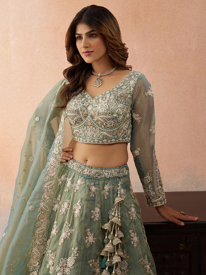 Seagreen- Tissue Beads & Sequins Embroidered Lehenga 6223