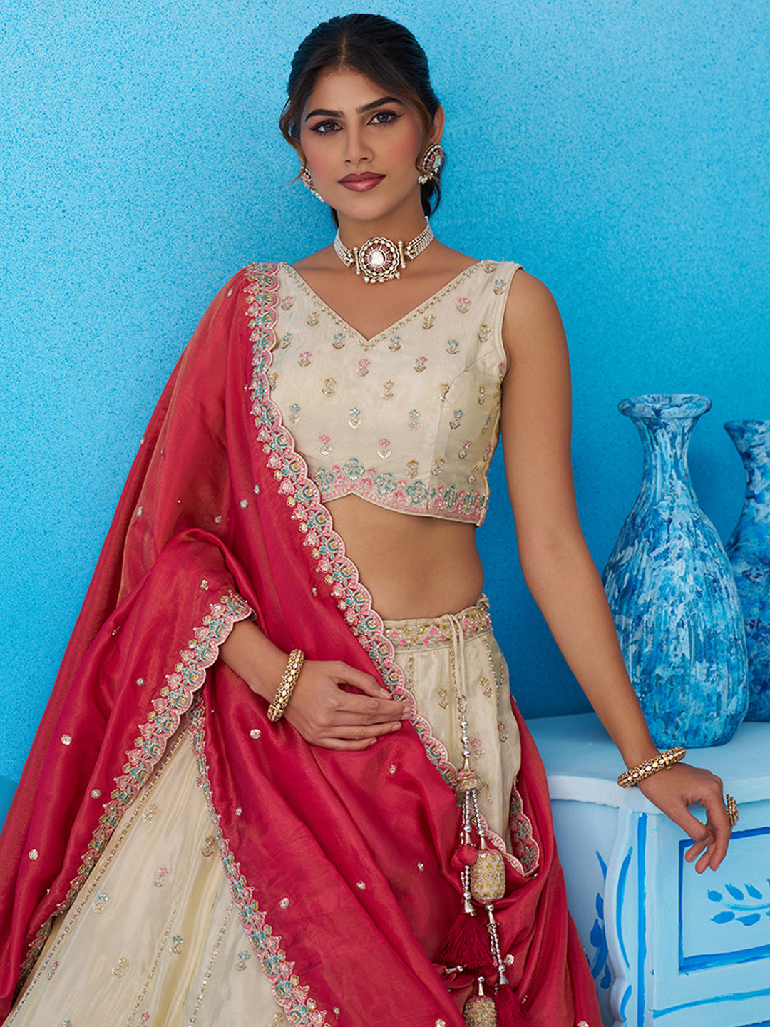Cream Rani pink- Tissue Sequins Embroidered Lehenga 6137