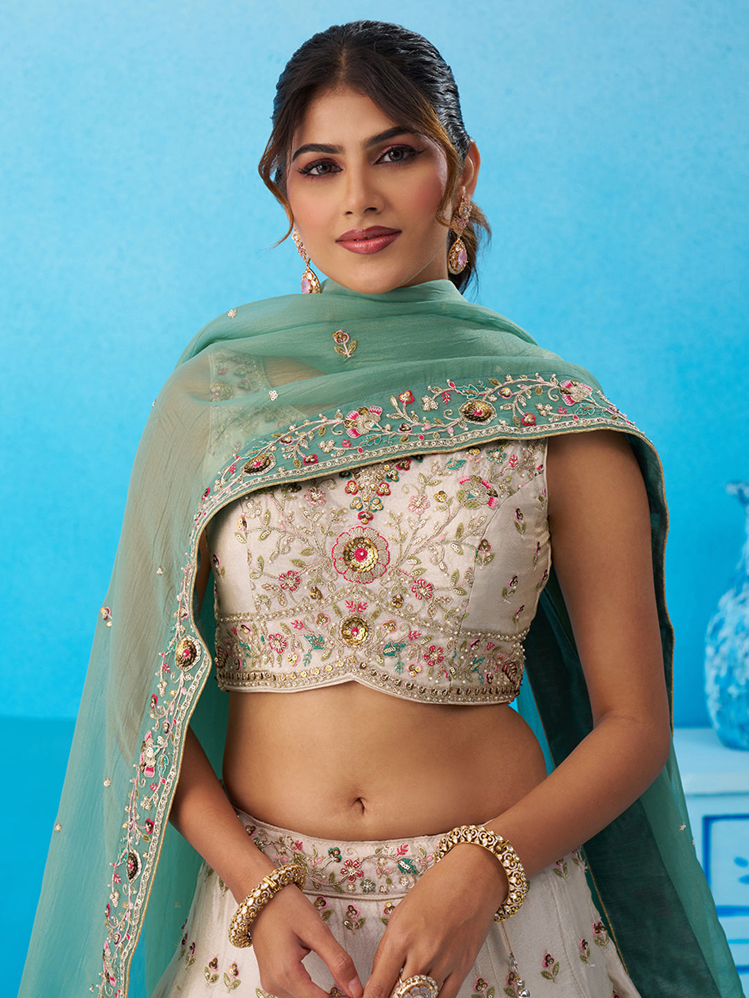 Cream green- Tissue Sequins Embroidered Multicolor Patch Work Lehenga 6166