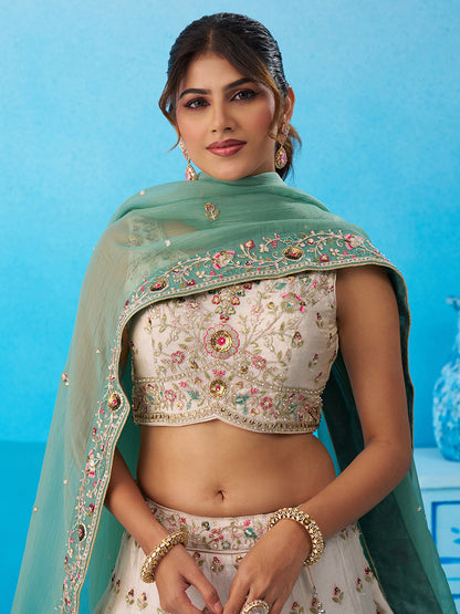 Cream green- Tissue Sequins Embroidered Multicolor Patch Work Lehenga 6166