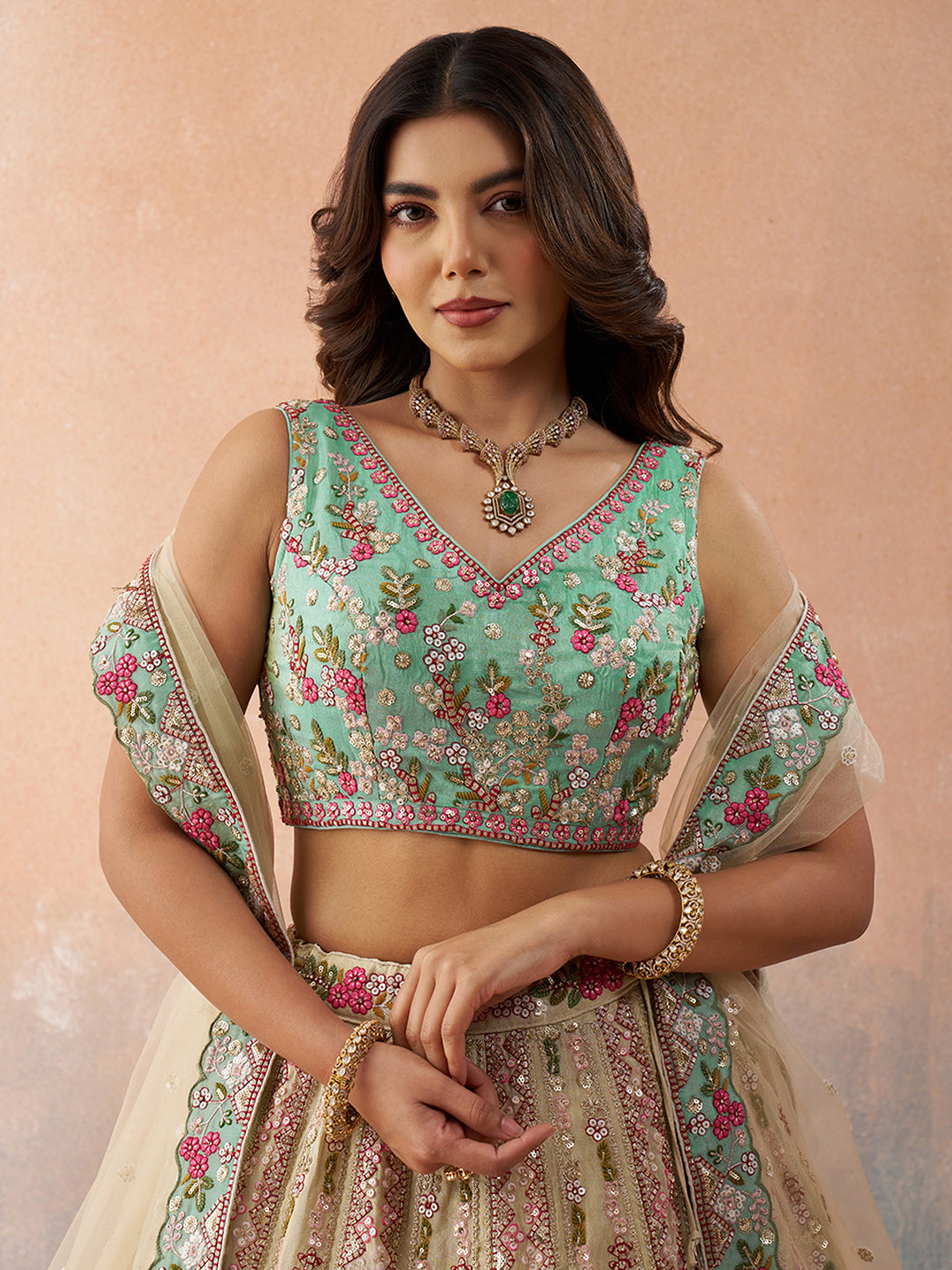 Cream- Tissue Sequins Embroidered Lehenga 6113
