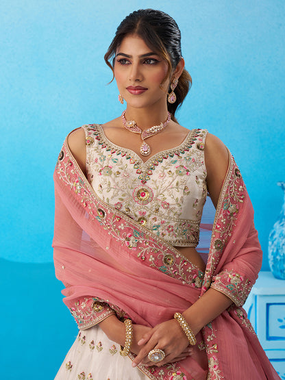 Cream pink- Tissue Sequins Embroidered Multicolor Patch Work Lehenga 6166