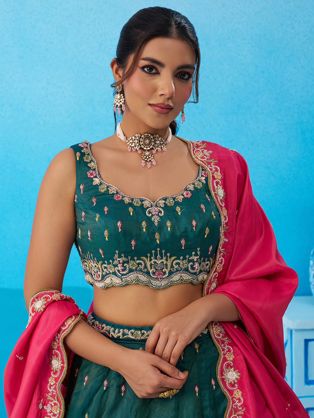 Rama green- Cosmos Silk Beads & Sequins Embroidered Lehenga 6313