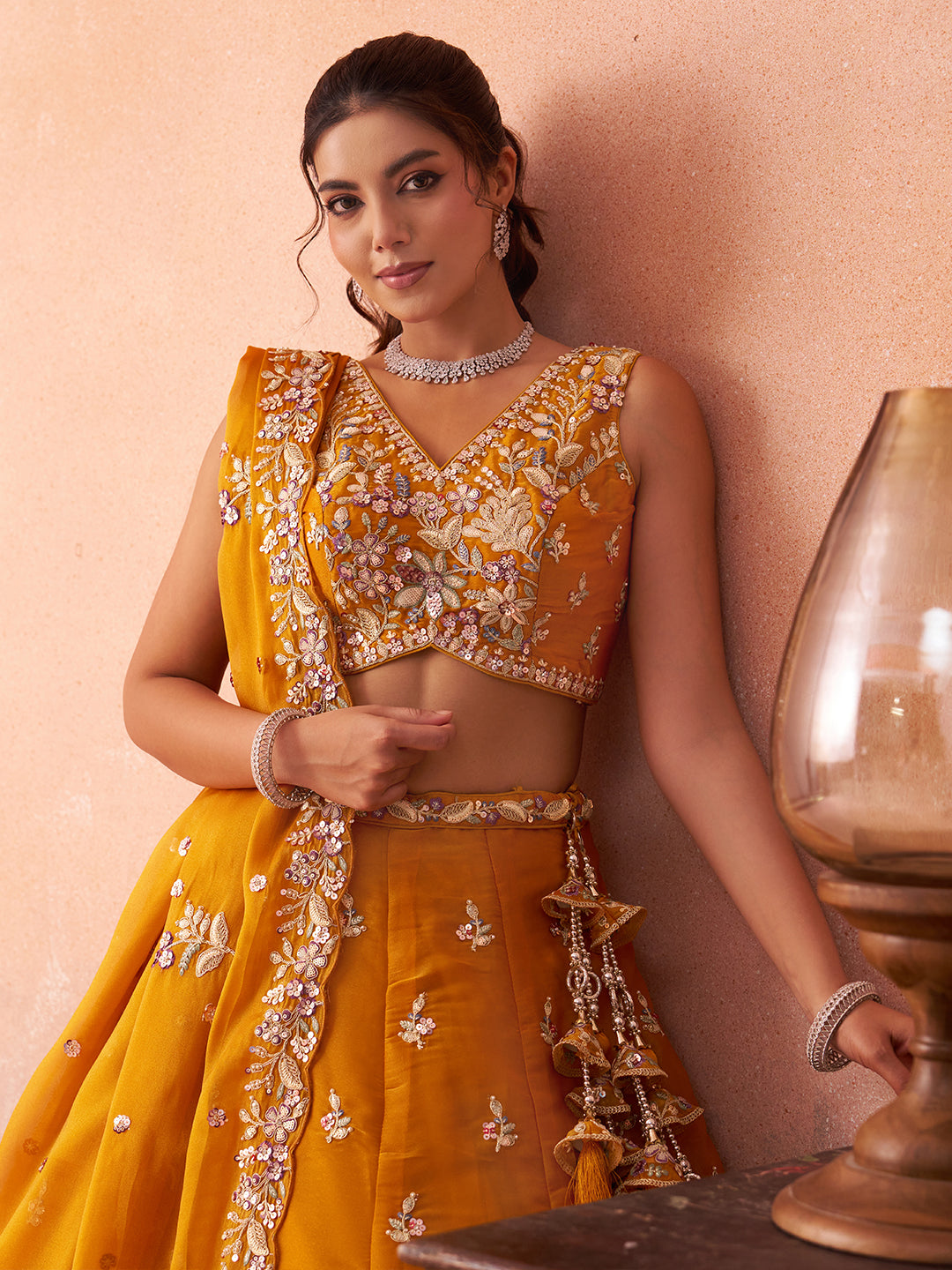 Mustard- Tissue Sequinned with Zari Embroidered Lehenga 6300
