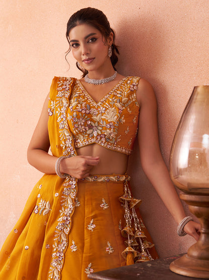 Mustard- Tissue Sequinned with Zari Embroidered Lehenga 6300