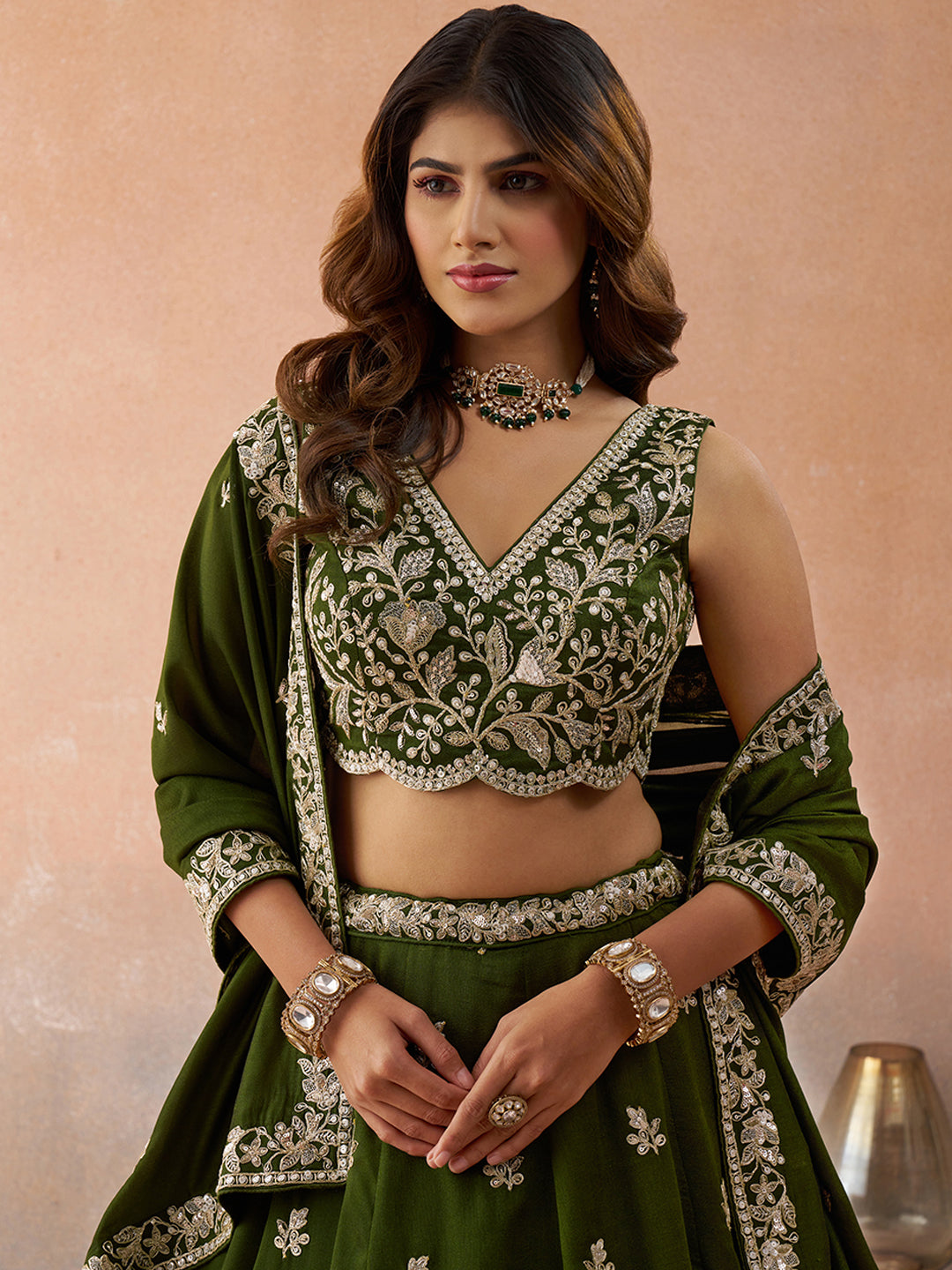 Mehendi Green- Tissue Sequinned with Zari Embroidered Lehenga 6309