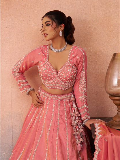 Peach- Tissue Beads & Sequins Embroidered Lehenga 6222