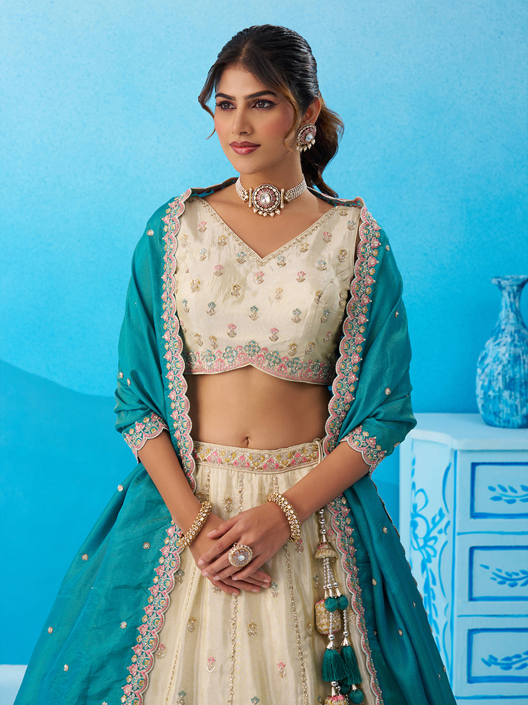 Cream Rama green- Tissue Sequins Embroidered Lehenga 6137