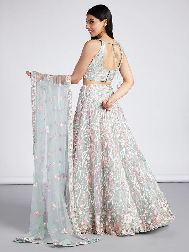 Bright Sequin, Golden-Sliver Threaded Embroidered Georgette sea green white girlish Lehenga