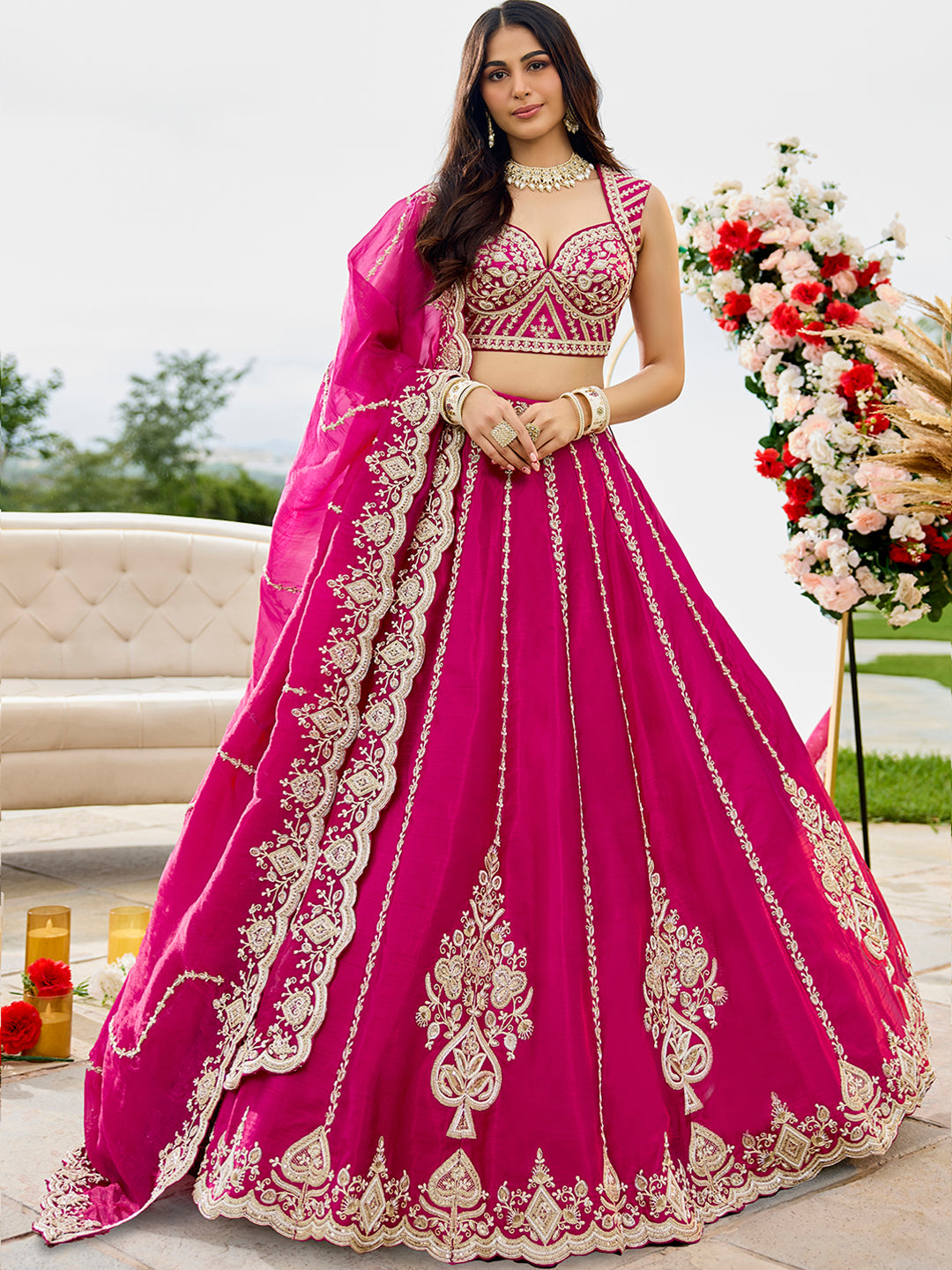 Pink- Silk Fabric Beads & Sequined Embroidery Semi-Stiched Lehenga Choli   6215