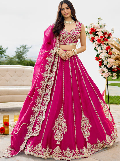 Pink- Silk Fabric Beads & Sequined Embroidery Semi-Stiched Lehenga Choli   6215