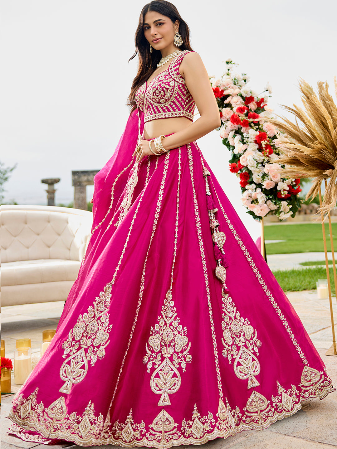Pink- Silk Fabric Beads & Sequined Embroidery Semi-Stiched Lehenga Choli   6215