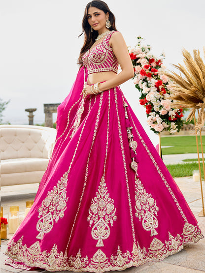 Pink- Silk Fabric Beads & Sequined Embroidery Semi-Stiched Lehenga Choli   6215