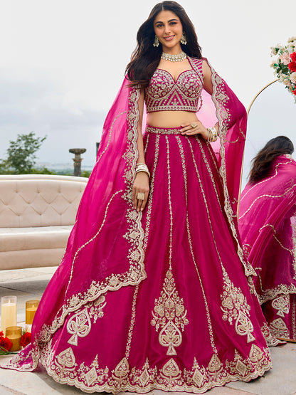 Pink- Silk Fabric Beads & Sequined Embroidery Semi-Stiched Lehenga Choli   6215