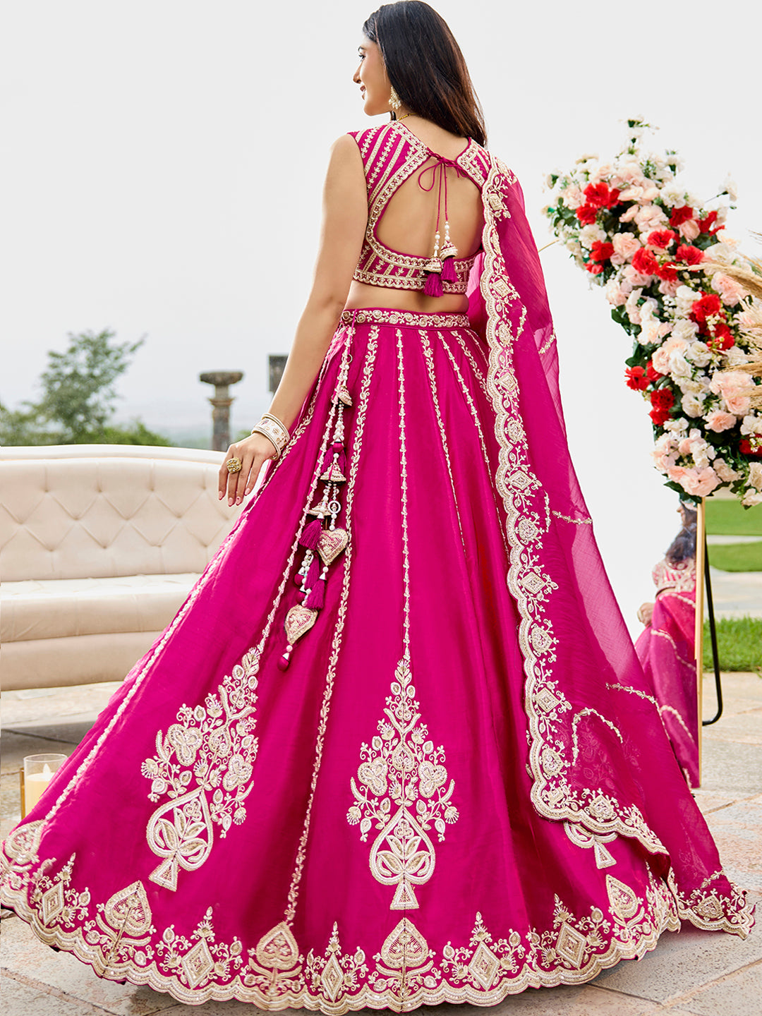 Pink- Silk Fabric Beads & Sequined Embroidery Semi-Stiched Lehenga Choli   6215