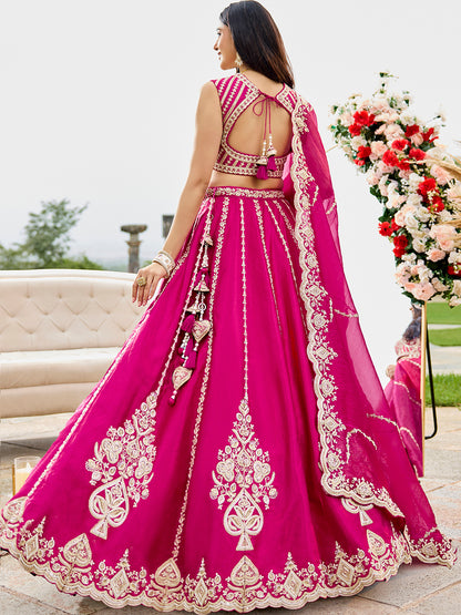Pink- Silk Fabric Beads & Sequined Embroidery Semi-Stiched Lehenga Choli   6215