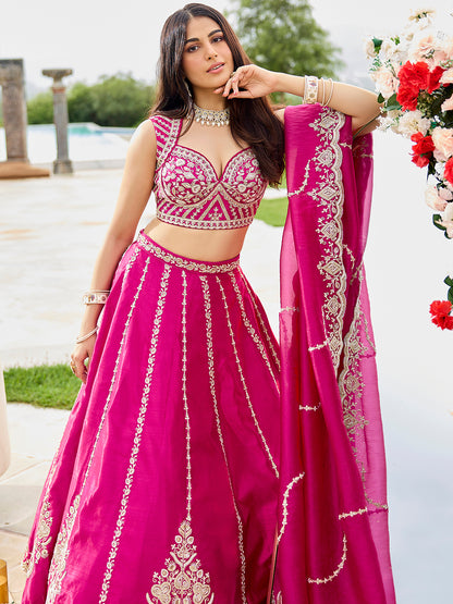 Pink- Silk Fabric Beads & Sequined Embroidery Semi-Stiched Lehenga Choli   6215