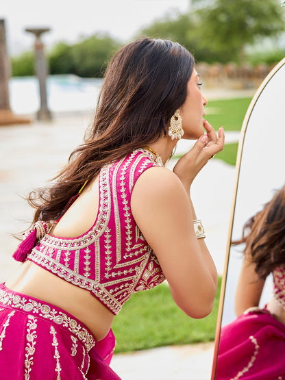 Pink- Silk Fabric Beads & Sequined Embroidery Semi-Stiched Lehenga Choli   6215
