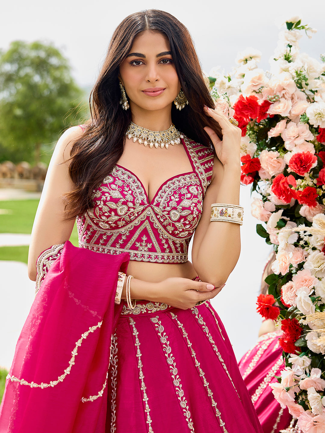 Pink- Silk Fabric Beads & Sequined Embroidery Semi-Stiched Lehenga Choli   6215