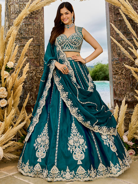 Rama green- Silk Fabric Beads & Sequined Embroidery Semi-Sttiched Lehenga Choli   6215